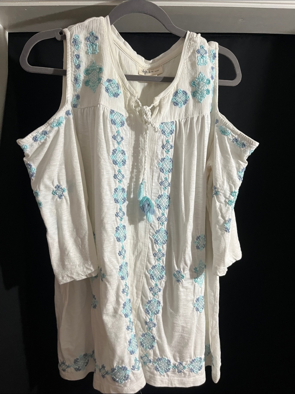 Style & Co. White Cold-Shoulder Tunic with Light Blue Embroidery